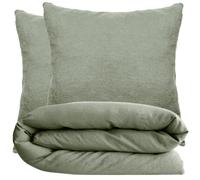 Parure de lit 260x240 cm et 65x65 cm 100% coton lavé PALACE vert sauge 3 pièces