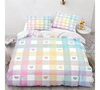 Parure de Lit 260X240 Cœur pour Filles et Enfants,Housse de Couette Imprimée à Carreaux Arc-En-Ciel,Cœur et Rayures,avec Taies D'Oreiller,Douce et Confortable,Chaude et Douce,Fermeture Éclair,Su