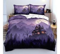 Parure de Lit 260X240 Halloween pour Enfants, Motif Château Hanté Effrayant, Chauves-Souris, Montagnes et Forêt, Housse de Couette pour Garçons et Filles, Housse de Couette Violette Confortable A