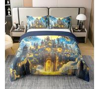 Parure de lit 3 pièces 100 % coton avec housse de couette et 2 taies d'oreiller pour enfants, adolescents, adultes, mythes exotiques, oiseaux, animaux mystérieux, jaune, lune, bleu, galaxie (sans