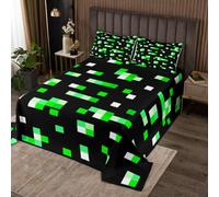 Parure de lit 3 pièces à motif de grille de mineur vert, blocs pixélisés pour décoration de chambre d'enfant, femme et adulte, parure de lit carrée géométrique sur le thème des pixels, 2 taies