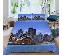 Parure de Lit 3 Pièces Architecture De Sydney Housse de Couette 140x200 Enfant 1 Personne 3D Motif Coucher De Soleil Bleu avec Fermeture Éclair Hypoallergique Microfibre avec 2 Taies d'oreiller 50x75