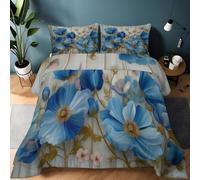 Parure de Lit 3 Pièces Art Numérique Mur en Bois Fleurs Bleues Couette Matelassée 140 x 200 cm, pour lit 2 Personnes Blanc Couette sans Housse en Microfibre Respirante avec 2 taies d'oreiller