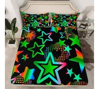 Parure de lit 3 pièces avec drap-housse 3 pièces avec 2 taies d'oreiller pour enfants, adolescents et adultes, motif étoiles de dessin animé, arc-en-ciel et cœurs colorés pour très grand lit (sans