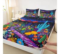 Parure de lit 3 pièces avec drap-housse à poches profondes pour enfants et adultes, motif floral, cactus et graffiti, galaxie, pour lit double, bleu et noir, sans dessus plat
