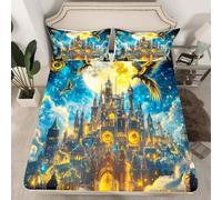 Parure de lit 3 pièces avec drap-housse et 2 taies d'oreiller pour enfants, adolescents et adultes, motif château magique, jaune, lune, bleu, galaxie, ciel, pour très grand lit