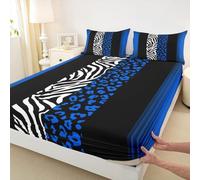 Parure de lit 3 pièces avec drap-housse ultra doux et respirant à imprimé animal sauvage - Sans drap plat - Motif léopard et zèbre - Pour très grand lit - Bleu ombré