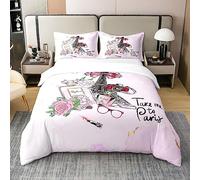 Parure de lit 3 pièces avec housse de couette 100 % coton avec 2 taies d'oreiller pour enfants, filles, adolescents, motif cœur aquarelle, parfum aquarelle, style romantique, rose rose