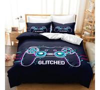 Parure de lit 3 pièces avec housse de couette colorée 3D pour garçons, enfants, adolescents et adultes - Motif : manette de jeu vidéo - Lettre géométrique numérique - Pour lit simple : 135 x 200 cm