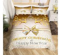 Parure de lit 3 pièces avec housse de couette décorative « Merry Christmas » et étoiles dorées à paillettes pour garçons et filles - Cadeau idéal pour chambre double - Motif flocon de neige
