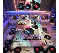 Parure de lit 3 pièces avec housse de couette douce et motif journal de musique et guitare Old School Retro Blues Multicolore