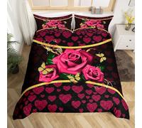 Parure de lit 3 pièces avec housse de couette et 2 taies d'oreiller à imprimé floral rose et cœurs pour filles et adultes, housse de couette légère pour lit double
