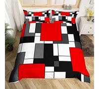 Parure de lit 3 pièces avec housse de couette et 2 taies d'oreiller à motif géométrique rouge pour lit double, noir/blanc/gris