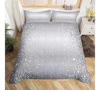 Parure de lit 3 pièces avec housse de couette et 2 taies d'oreiller à paillettes pour enfants, garçons et filles, motif abstrait, gris argenté (sans paillettes), pour lit double, gris argenté