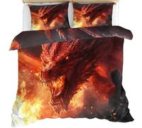 Parure de lit 3 pièces avec housse de couette et 2 taies d'oreiller avec fermeture éclair 135 x 200 cm - Motif dragon de flamme