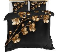 Parure de lit 3 pièces avec housse de couette et 2 taies d'oreiller avec fermeture éclair Motif fleurs dorées 230 x 220 cm