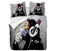 Parure de lit 3 pièces avec Housse de Couette et taies d'oreiller,Pop Art Cool Monkey Listening Music,240 x 220 cm / 65 x 65 cm x 2,Multi 4