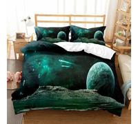 Parure de lit 3 pièces avec housse de couette imprimée 3D Galaxy Planet - Thème céleste - Vue de la terre depuis la lune avec météorite, espace extra-atmosphérique et univers - Décoration de chambre