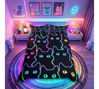 Parure de lit 3 pièces avec housse de couette pour chats, motif chaton dessin animé, pour filles, garçons, enfants, animaux de compagnie, douce, motif animal 3D coloré, chaton néon, pour lit double