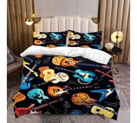 Parure de lit 3 pièces avec housse de couette sur le thème de la musique rock et de la passion rock pour enfant, garçon et adulte - Motif à rayures - Style rétro rustique et hippie - Décoration de