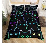 Parure de lit 3 pièces avec housse de couette sur le thème des chats et chatons mignons pour filles, garçons, enfants - Housse de couette colorée pour les amoureux des chats - Lit double