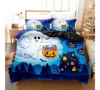 Parure de lit 3 pièces avec housse de couette sur le thème d'Halloween château citrouille maléfique chauve-souris, fantômes mignons, silhouette effrayante de lune et de cauchemar, pour enfants
