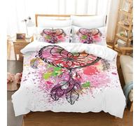 Parure de lit 3 pièces avec housse de couette sur le thème exotique mandala et galaxie étoilée - Attrape-rêves - Plume fluo - Pour enfants, garçons, filles, adolescents et adultes - Décoration de