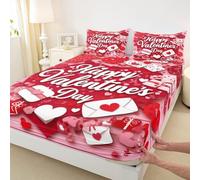 Parure de lit 3 pièces avec imprimé cœur et poche profonde, drap-housse à thème romantique pour décoration de chambre de jeunes femmes, draps de lit rouges, 2 taies d'oreiller, sans drap plat