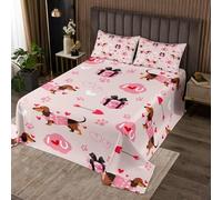 Parure de lit 3 pièces avec motif teckel mignon pour très grand lit, pour la Saint-Valentin, décoration de chambre pour femme, homme, adulte, motif cœur d'amour rose, motif pattes de chien, 2 taies