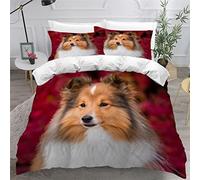 Parure de Lit 3 Pièces Berger des Shetland Housse de Couette 200x200cm Enfant 2 Personnes Chien Animal Motif 3D Microfibre Literie avec 2 Taies d'oreiller 50x75cm pour Garçon Fille