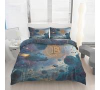 Parure de Lit 3 Pièces Bitcoin Vaisseau Spatial Espace, Housse de Couette Univers Fantastique 200x200 et 2 Taies d'oreiller 65x65, Lavable en Machine avec Fermeture Éclair et Attaches de Coin T8d272