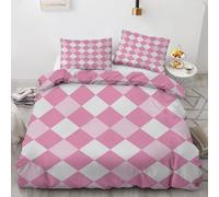 Parure de Lit 3 Pièces Carreaux Vichy Housse de Couette 180x200 cm Géométrique Rose Blanc, Ensemble Literie Imprimé Réversible avec 2 Taies d'oreiller 65x65 cm