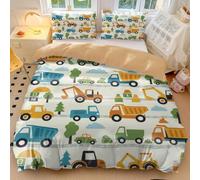 Parure de lit 3 pièces douce et respirante pour enfants avec housse de couette imprimée bus dessin animé, camion et remorque, pour garçons et filles (05, lit simple 135 x 200 cm + 50 x 75 cm x 2)