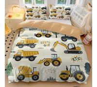 Parure de lit 3 pièces douce et respirante pour enfants avec housse de couette imprimée bus dessin animé, camion et remorque, pour garçons et filles (03, très grand lit 240 x 220 cm + 50 x 75 cm x 2)