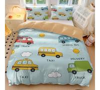 Parure de lit 3 pièces douce et respirante pour enfants avec housse de couette imprimée bus dessin animé, camion et remorque, pour garçons et filles (02, très grand lit 240 x 220 cm + 50 x 75 cm x 2)