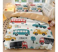 Parure de lit 3 pièces douce et respirante pour enfants avec housse de couette imprimée bus dessin animé, camion et remorque, pour garçons et filles (01, lit simple 135 x 200 cm + 50 x 75 cm x 2)