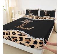 Parure de lit 3 pièces en microfibre à motif léopard, guépard africain, nœud tendance, drap-housse avec drap plat, lettre initiale L, 2 taies d'oreiller, pour lit double