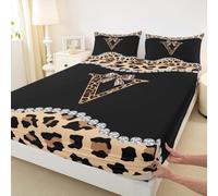 Parure de lit 3 pièces en microfibre à motif léopard, guépard africain, nœud tendance, drap-housse avec drap plat, lettre initiale V, 2 taies d'oreiller, pour lit double