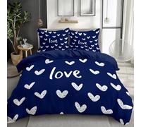 Parure de lit 3 pièces en Microfibre avec housse de couette 220 x 240 cm, 2 Taie d'oreiller 65 x 65 cm, respirant, facile d'entretienRéversible, Bleu, Conception Simple Cœur D'Amour Mots Anglais