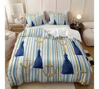 Parure de Lit 3 Pièces en Microfibre OcéAn Ancre Rayures Housse de Couette 140x200 cm pour 1 Personnes, Jeu de literie Bleu Et Blanc Housse de Couette Doux avec Fermeture Éclair pour Enfant Adulte