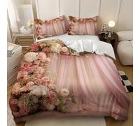 Parure de Lit 3 Pièces en Microfibre Romantique Moderne Mariage Fleurs Housse de Couette 200x200 cm pour 2 Personnes, Jeu de literie Rose Housse de Couette Doux pour Enfant Adulte