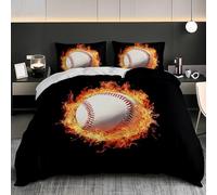 Parure de Lit 3 Pièces en Microfibre Sports Flame Baseball Housse de Couette 90x190 cm pour 1 Personnes, Jeu de literie Noir Housse de Couette Doux avec Fermeture Éclair pour Enfant Adulte