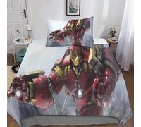Parure De Lit 3 Pieces Iron Man Pour Jeune Adolescent, Housse De Couette Imprimée Avec Personnages Du Film Marvel, Joli Design Marron Et Blanc, Taies D'oreiller Assorties.