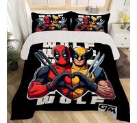 Parure De Lit 3 Pieces Marvel Deadpool Wolverine - Style Dessin Anime, Polyester Ultra Doux, Comprend 1 Housse De Couette Et 2 Taies D'oreiller, Fermeture Éclair, Confort Toutes Sa