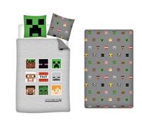 Parure de Lit 3 Pièces Minecraft Faces, Housse de Couette 140x200 cm + Taie d'oreiller 63x63 cm + Drap-Housse 90x190 cm
