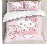 Parure De Lit 3 Pieces Motif Chats Mignons, Motif Dessin Anime, Pour Lit Queen Size, Motif Hello Cat Kitty, Motif Pour Enfants, Motif Chat Kawaii, Taille Double, 1 Couette + 2 Taie