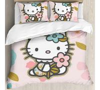 Parure De Lit 3 Pieces Motif Hello Cat Kitty, Motif Chat Et Fleur Rose, Motif Dessin Anime, Avec 2 Taies D'oreiller, Rose Pâle, Pour Fille