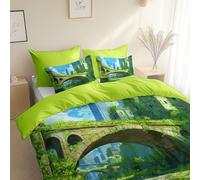 Parure de lit 3 pièces - Motif Style Fantastique Pont Ville Housse de Couette 140 x 200 cm + 2 Taies d'oreiller 65 x 65 cm - avec Fermeture éclair, Jaune Vert