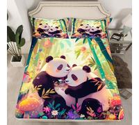 Parure de lit 3 pièces pour couple de pandas, motif champignon trippy coloré (sans drap plat), drap-housse à poches profondes pour garçons et filles, adolescents, décoration de chambre à coucher