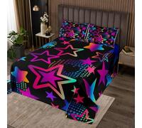 Parure de lit 3 pièces pour enfants, adolescents et adultes - Couvre-lit coloré avec étoiles fluo et 2 taies d'oreiller - Motif Street Art hippie - Pour très grand lit